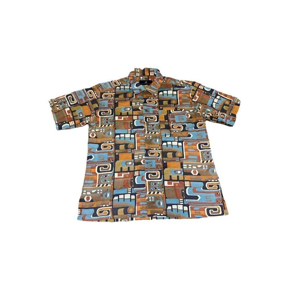 PERUVIAN CONNECTION Button Shirt Pima Cotton Tribal Abstract Print Retro LARGE